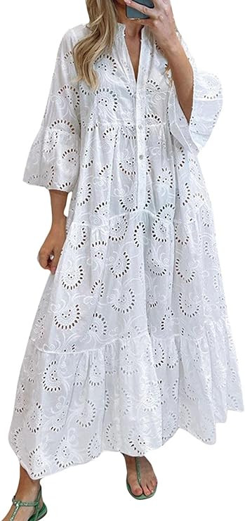 CHARTOU Women Cotton Eyelet Maxi Dress Embroidered Flowy Dress Boho Lace Shirt Dress Summer Tiere... | Amazon (US)