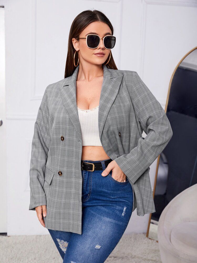 Plus Plaid Print Double Breasted Blazer | SHEIN