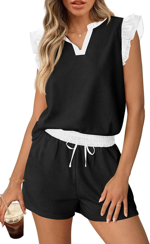 MEROKEETY Women's Summer Two Piece Short Sets Ruffle Sleeve V Neck Cute Tops Matching Lounge Outf... | Amazon (US)