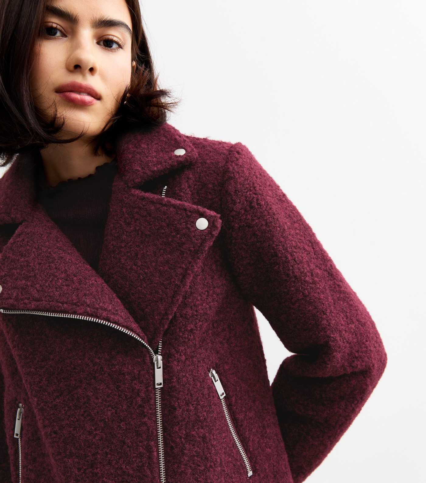 Burgundy Bouclé Biker Jacket  | New Look | New Look (UK)