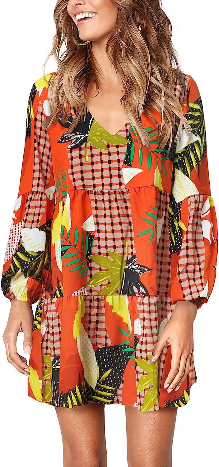 Amoretu Women Summer Tunic Dress V Neck Casual Loose Flowy Swing Shift Dresses | Amazon (US)