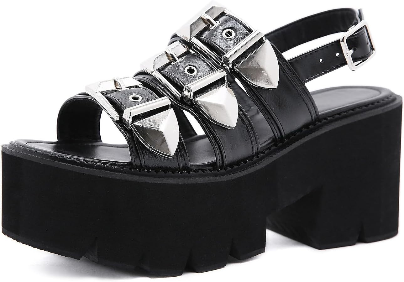 Women's Platform Open Toe Goth Sandals,Adjustable Ankle Buckle Comfortable Chunky High Heeled Fis... | Amazon (US)