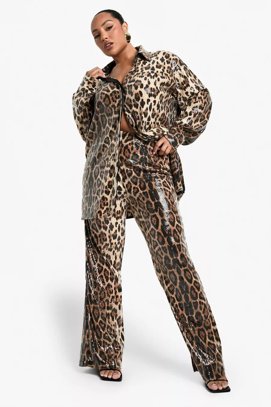 Plus Leopard Sequin Oversized Shirt and Trouser Co Ord | boohoo (US & Canada)