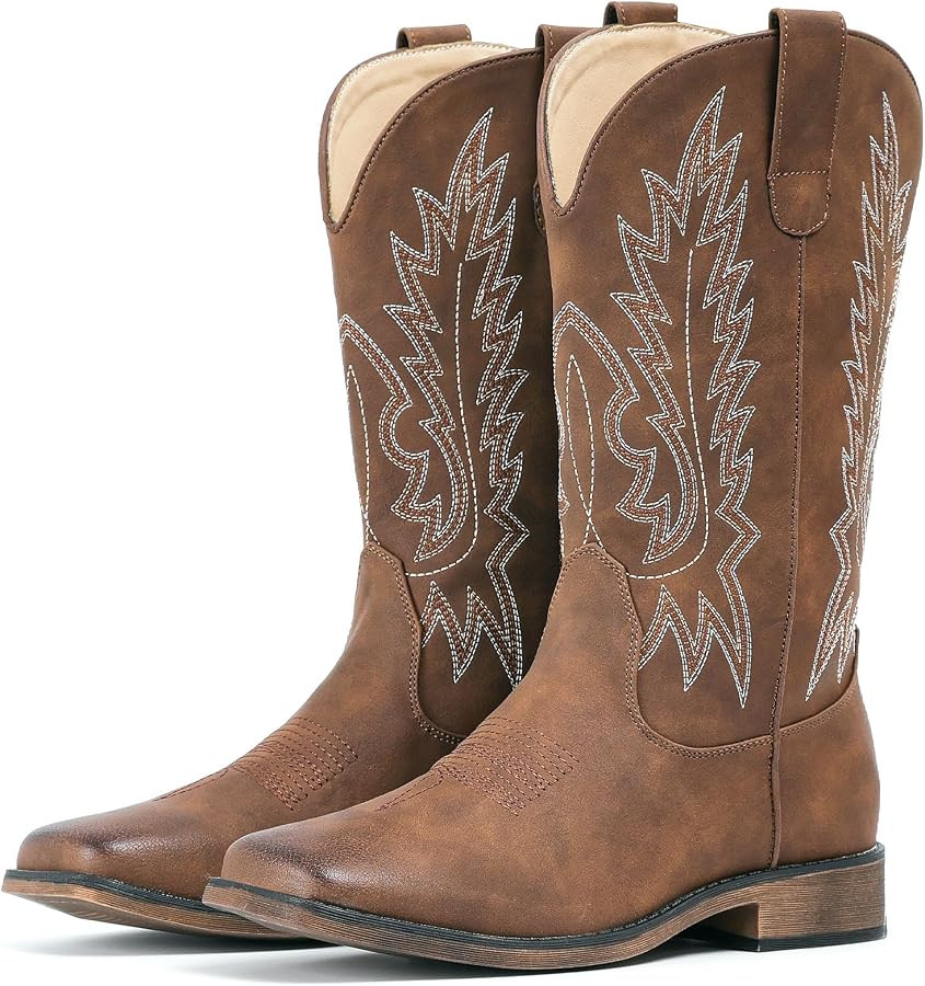 Cowboy Boots For Women Square Toe Wide Western Mid Calf Cowgirl Boots | Amazon (US)
