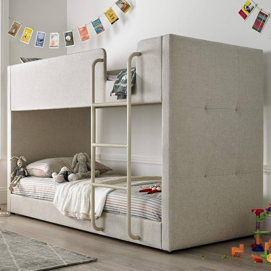 Kids Bunk Bed, Happy Beds Saturn Oatmeal Neutral Fabric Modern Twin Sleeper - 3ft Single (90 x 19... | Amazon (UK)