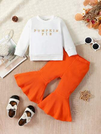 SHEIN Baby Girl Letter Graphic Pullover & Flare Leg Pants | SHEIN