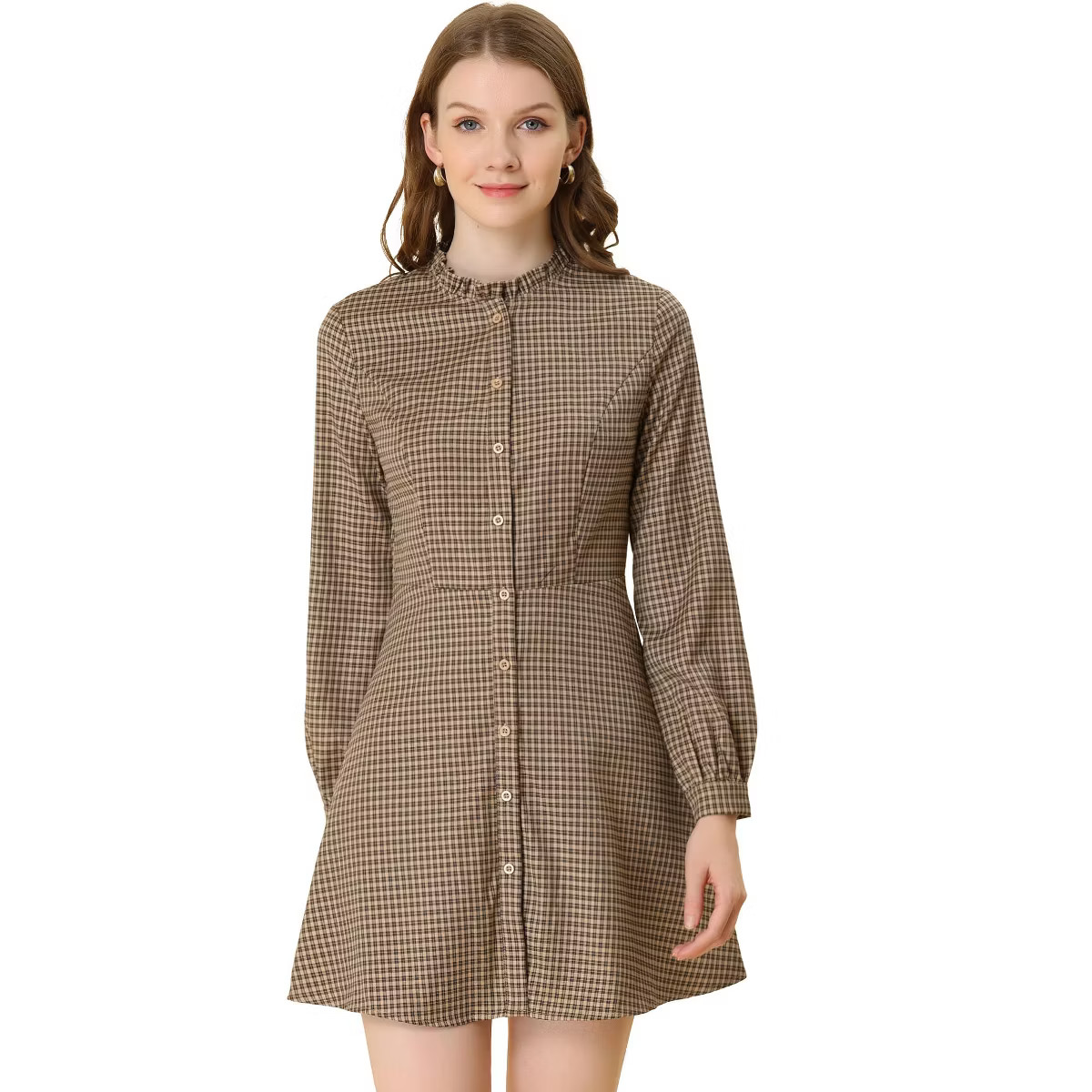 Allegra K Women's Vintage Check Ruffle Neck Button Down Long Sleeve A-Line Dress | Target