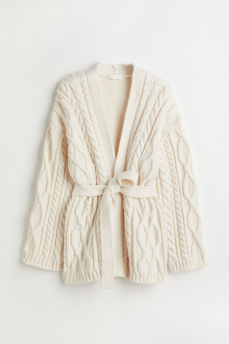 Tie-belt Cable-knit Cardigan - Cream - Ladies | H&M US | H&M (US + CA)