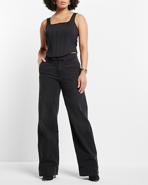 High Waisted Washed Black Tall Hem Wide Leg Jeans | Express