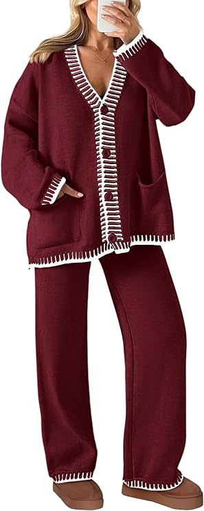 PRETTYGARDEN Women's 2 Piece Outfits Knit Matching Lounge Sets Long Sleeve V Neck Cardigan Sweate... | Amazon (US)
