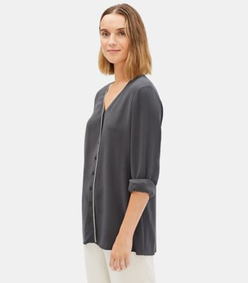 Silk Georgette Crepe Piped Shirt | Eileen Fisher