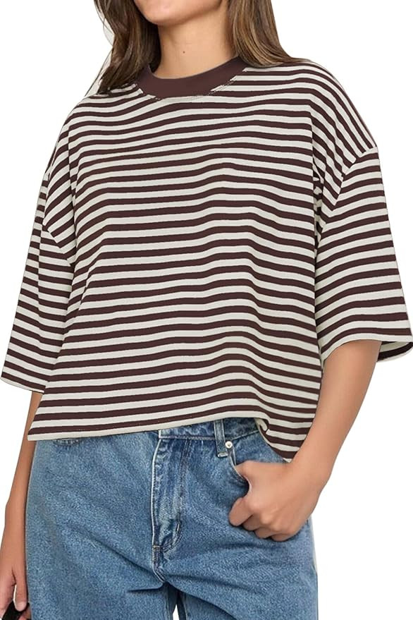 CHYRII Womens Oversized Striped T Shirts Short Sleeve Fashion 2026 Casual Crewneck Summer Y2K Clo... | Amazon (US)