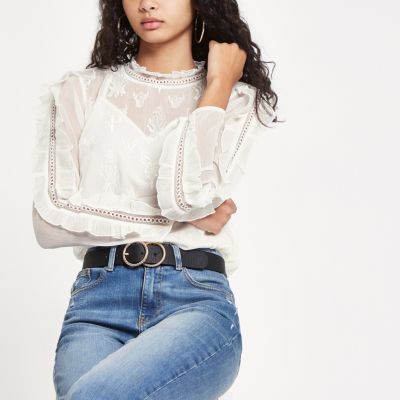 Cream frill sleeve embroidered top | River Island (UK & IE)