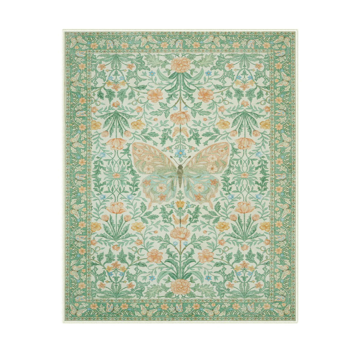 Washable Light Green Butterfly Rug | Verena Vintage Floral Style - Lahome | Lahome