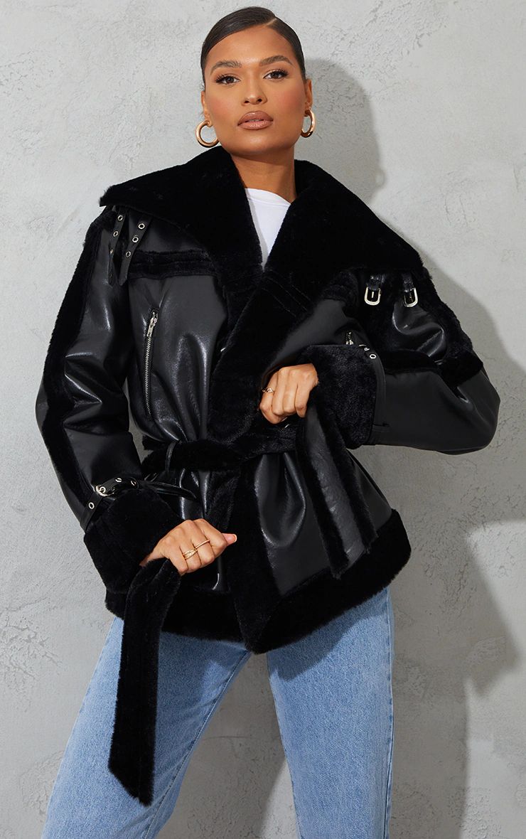 Black Faux Fur Trim Belted Zip Detail Jacket | PrettyLittleThing US