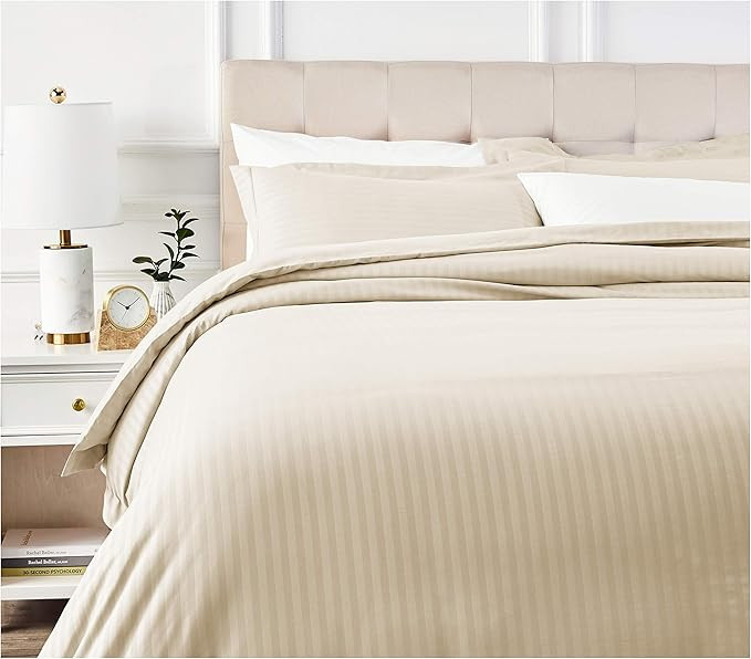 Amazon Basics Striped Microfiber Duvet Cover Set - Full or Queen, Beige | Amazon (US)