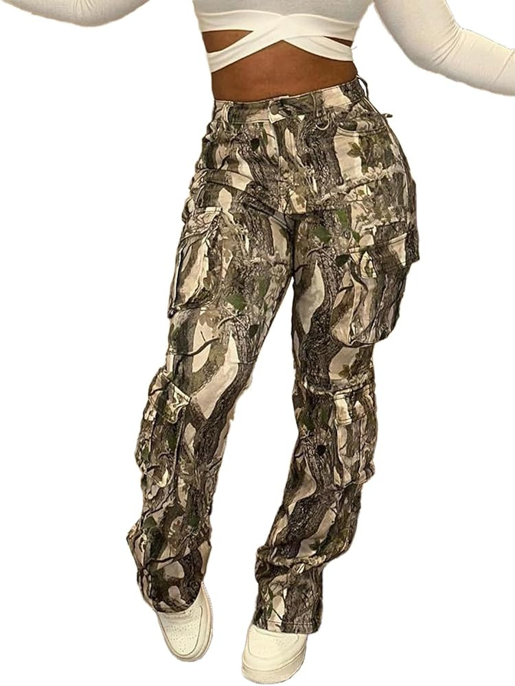 Generic Women Camo Cargo Pants High Waist Casual Baggy Wide Leg Camouflage Army Fatigue Slim Fit ... | Amazon (US)