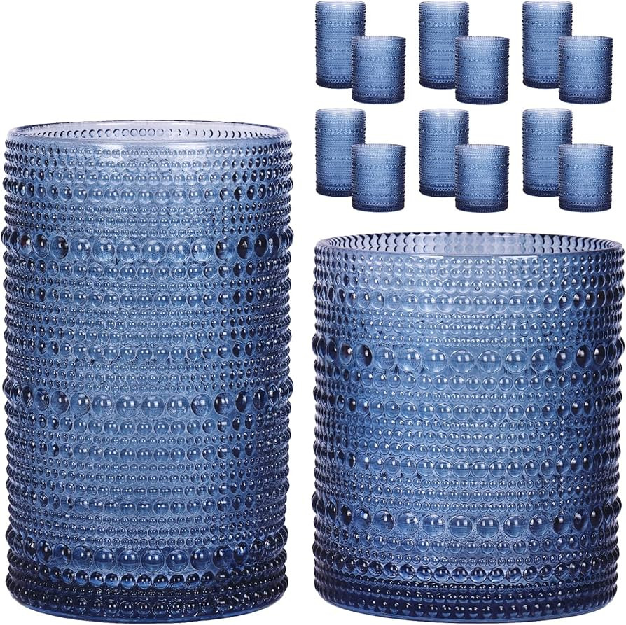 Moretoes Hobnail Drinking Glasses, 12 Piece Blue Water Glass Cups, Mixed Vintage Glassware Set, 6... | Amazon (US)