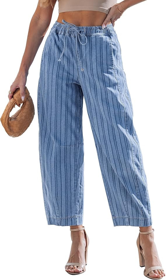 luvamia Barrel Jeans Women Trendy Striped Cropped High Waisted Pull On Elastic Waist Wide Leg Cas... | Amazon (US)