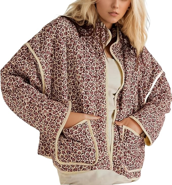 Women's Cropped Floral Puffer Jacket Cardigan Printed Lightweight Open Front Padded Quilted Coats... | Amazon (US)