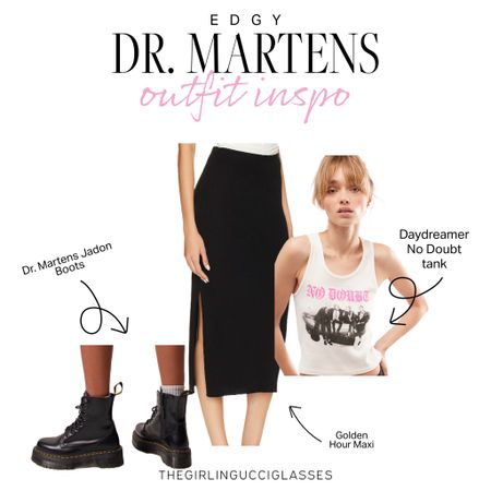 If you're looking for some fashion inspiration that will have you feeling both edgy and chic, look no further than the Jadon style of Dr. Martens paired with the Free People Golden Hour Maxi Skirt and Daydreamer No Doubt Tank.

The Jadon boots are a staple in any rock n roll wardrobe. These chunky boots are iconic and perfect for any girl who wants to add a little edge to her outfit. They're comfortable, durable, and the perfect complement to the Free People Golden Hour Maxi Skirt.

The Free People Golden Hour Maxi Skirt is the perfect addition to any wardrobe. This breezy skirt comes in a variety of colors, all of which will make you stand out in any crowd. The flowy design of the skirt creates a unique silhouette that is both feminine and edgy.

The Daydreamer No Doubt Tank is the cherry on top. 

Whether you're going to a concert or just running errands, this outfit is perfect for any girl feeling a little edgy. 

#LTKU #LTKFind #LTKstyletip