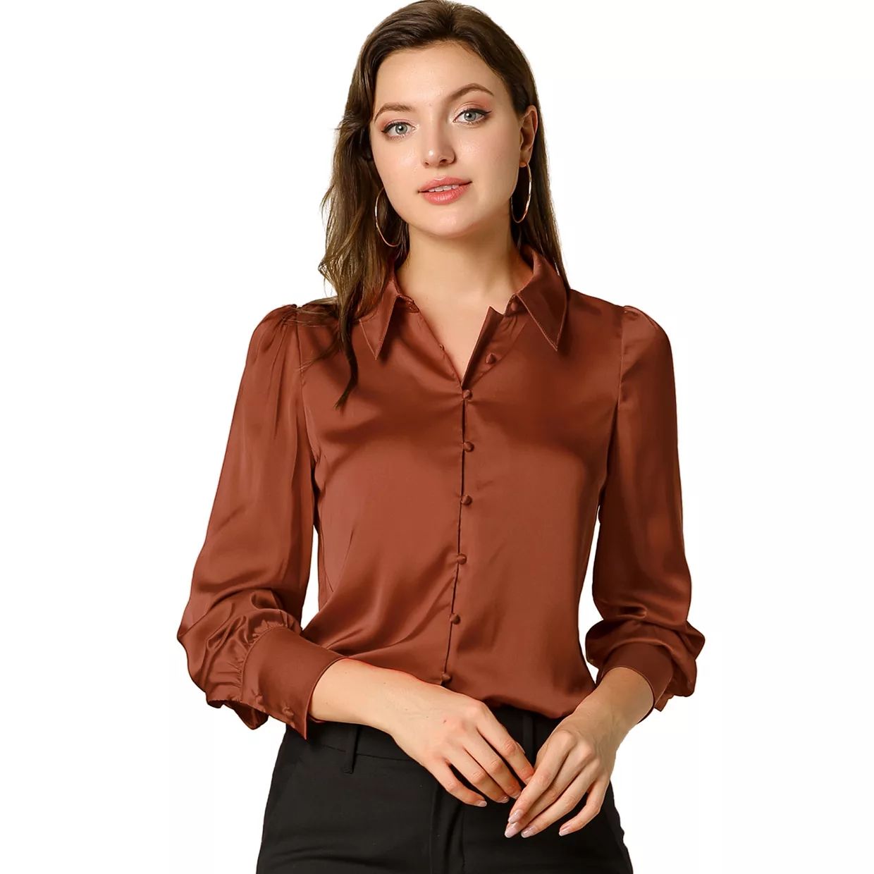 Women's Work Point Collar Puff Long Sleeve Button Satin Shirt | Kohl's