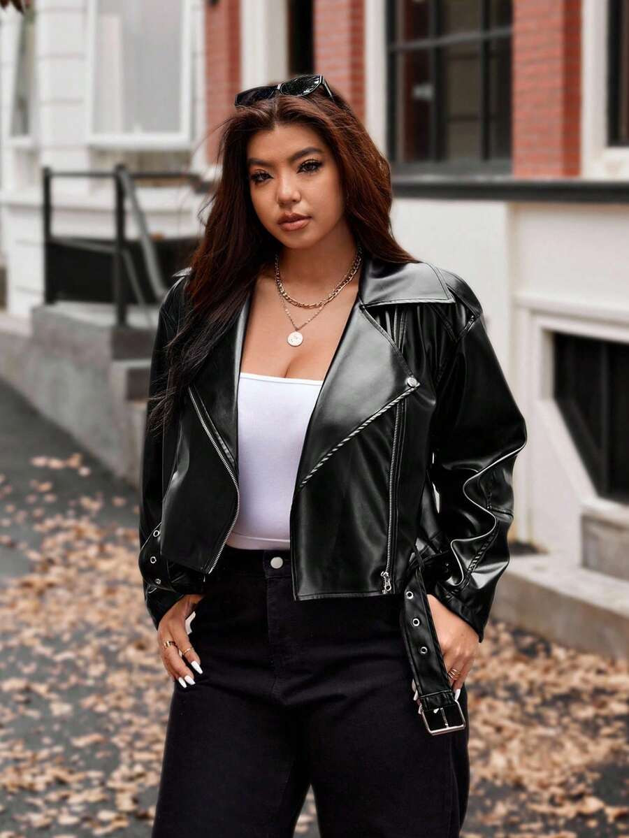 Vionelle Plus Size Women's Motorcycle PU Leather Short Jacket Winter Autumn Fall | SHEIN