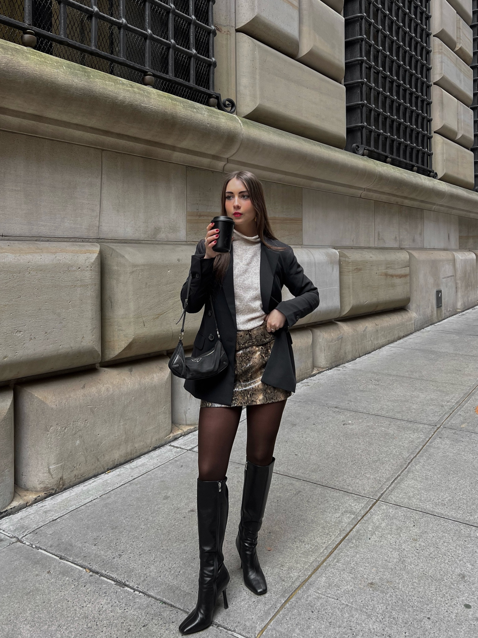 Minimal streetwear fashion
Snake print skirt, knee high boots, vintage Prada bag, black blazer, blazer style, workwear, business casual, effortlessly chic, classy outfits, black outfit, street style inspo, minimalistic outfit 

#LTKworkwear #LTKstyletip