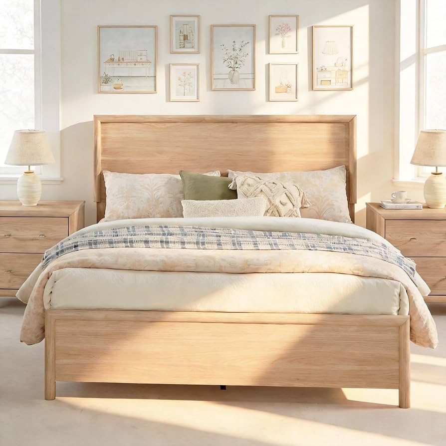 Queen Bed Frame with Headboard, Mid-Century Modern Queen-Size Bedframe with Wood Slat Support, No... | Amazon (US)