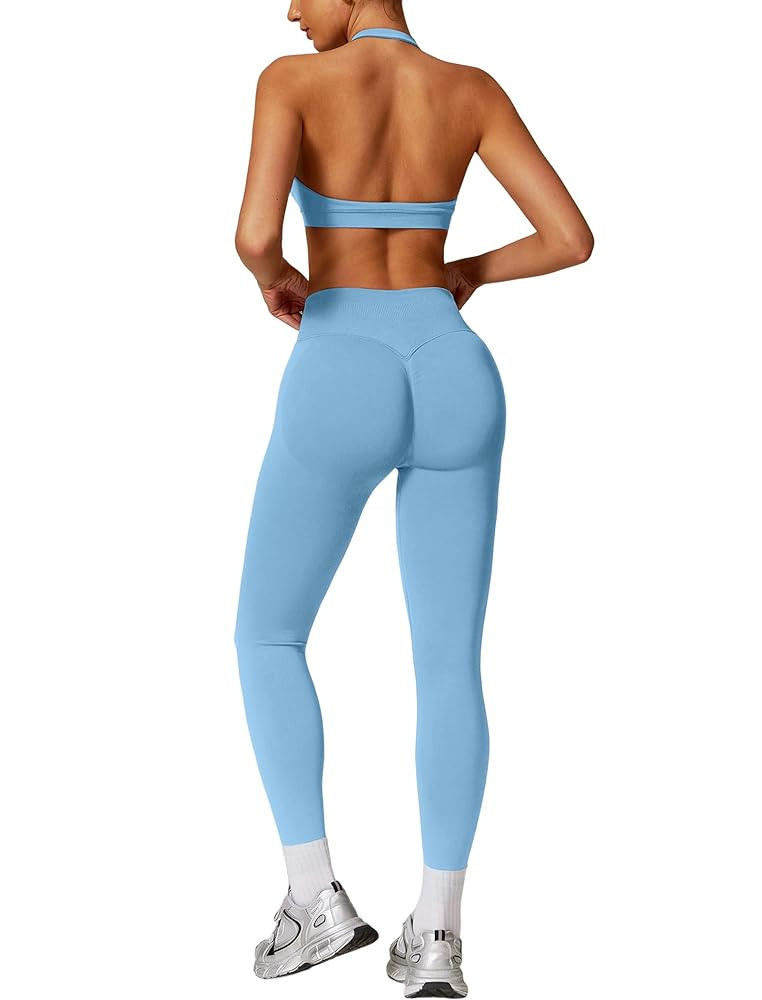 ABOCIW Workout Sets for Women Seamless Scunch Butt Lifting Impact Leggings Halter Sports Bra 2 Pi... | Amazon (US)