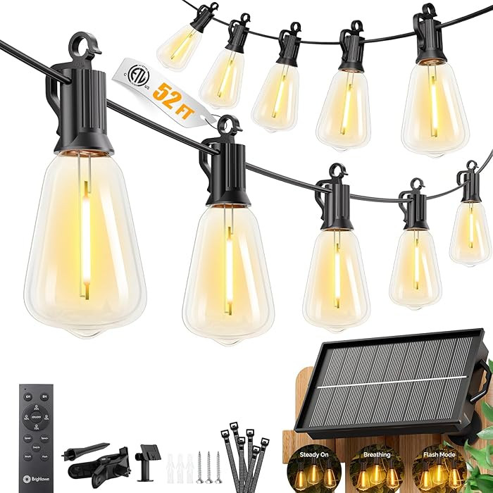 Brightown 52FT Solar String Lights Outdoor Waterproof, Patio Lights with Remote & Timer, USB/Sola... | Amazon (US)