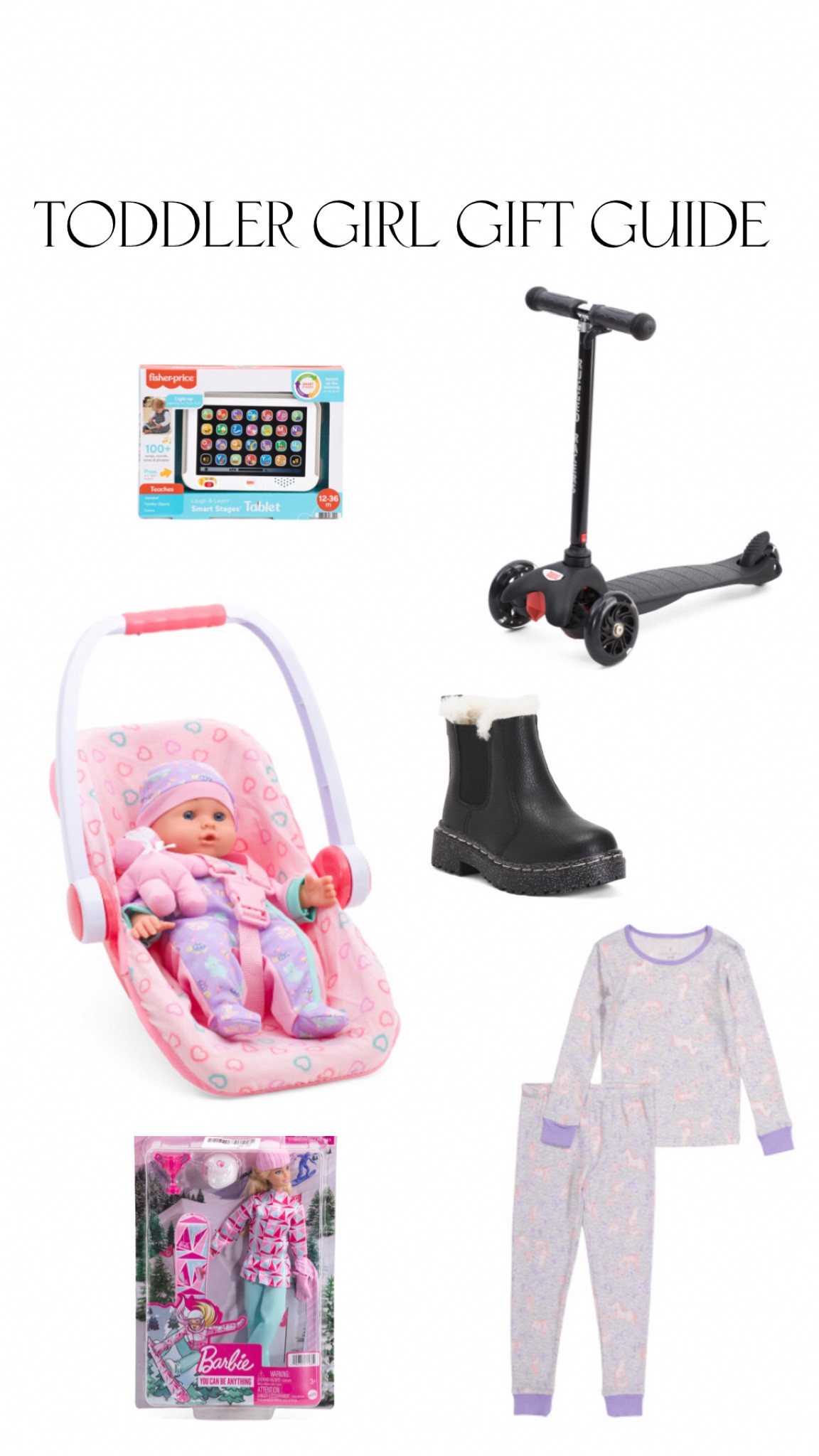 This brand of pjs is super soft and I can only find them at TJ and Marshalls. Scooter and learning pad are two of Lux’s favorite things! Something she really wants this year is the snowboarding Barbie and baby car seat. The boots are my pick. ;)

#LTKGiftGuide #LTKHoliday #LTKfamily