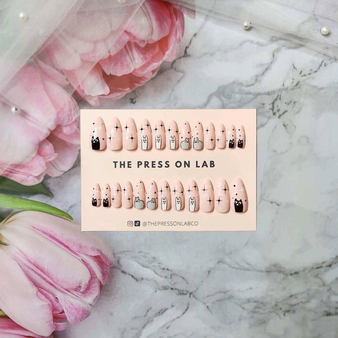 24 Pcs Cute Cats Patterns Press on Nail Cat Design Press on - Etsy | Etsy (US)