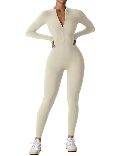 YEOREO Women Long Sleeve Workout Jumpsuit Zip Up Romper Bottom Pants Bodysuit Bodycon Sexy One Piece Cream M | Amazon (US)