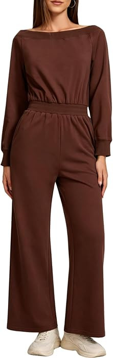QINSEN Womens Boat Neck Long Sleeve Wide Leg Jumpsuit with Cinched Waist | Amazon (US)
