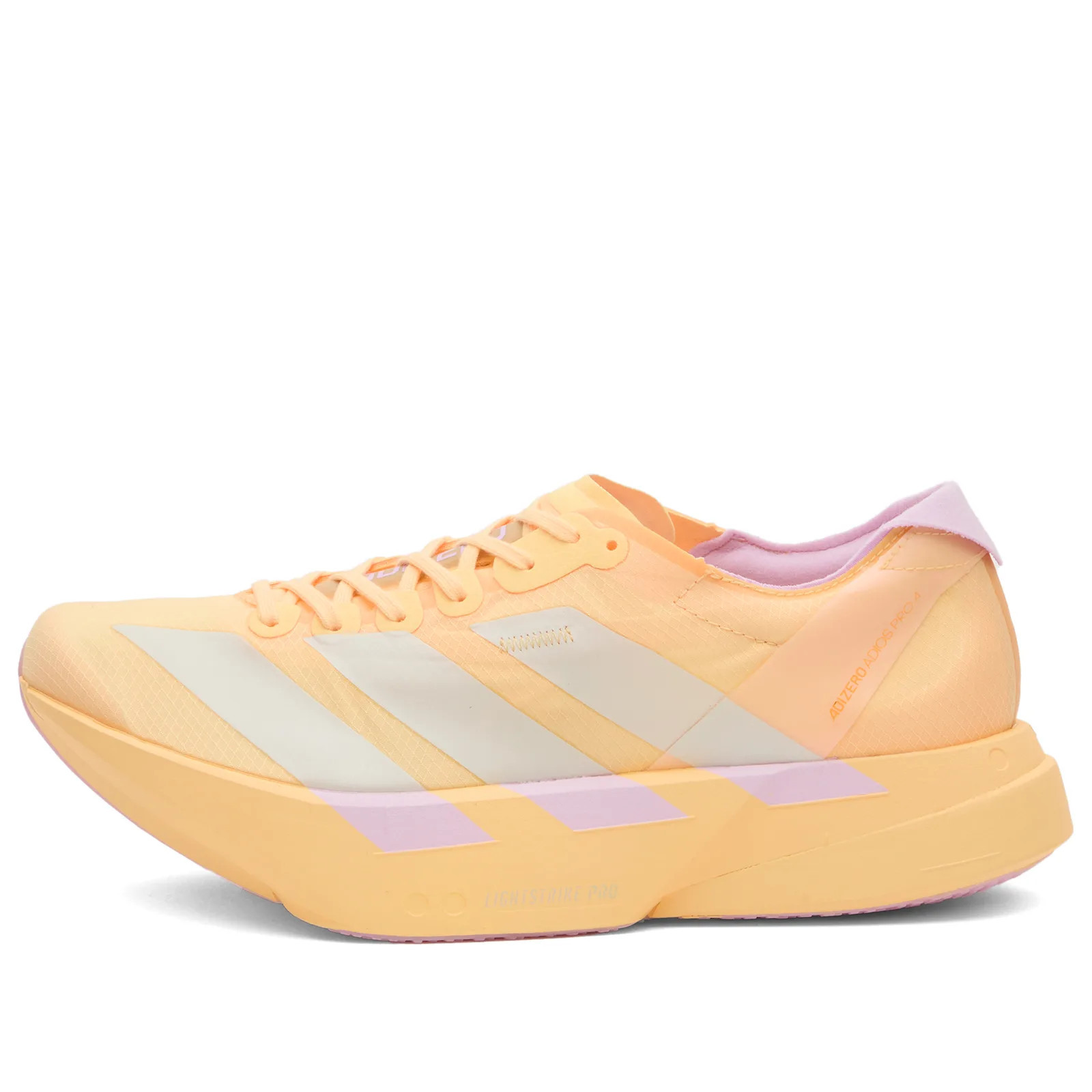 Adidas Running Women's adidas Adizero Adios Pro 4 W Sneaker in Ice Tangerine/Ice Gold Met/Bliss Lilac, Size UK 3.5 | END. Clothing