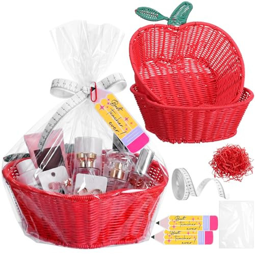Tiangrid 2 Set Apple Basket for Gifts Empty Teacher Appreciation Gift Woven Basket with Thank You Cards Ruler Ribbon Raffia for End of The Year Teacher's Week Party Favor Supplies | Amazon (US)