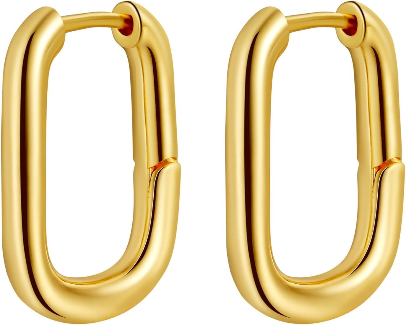 BERISO Gold/Silver Hoop Earrings For Women,14K Gold Plated Paperclip Link Chain Earrings Chunky G... | Amazon (US)