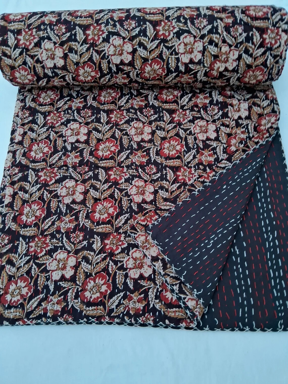 Indian Handblock Print Bedding Bedspread Quilt Hand Stitched Quilt Netural Colored Kantha Quilted... | Walmart (US)