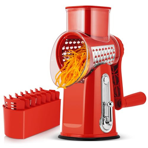SUSTEAS Rotary Cheese Grater with Handle - Vegetable Shredder with 5 Well-designed Blades & Strong Suction Base,Round Mandoline Slicer & Food Chopper for Kitchen,with Blade Storage Box(Red) | Amazon (US)