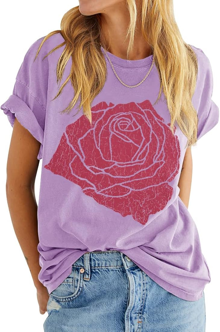 Womens Rose Graphic Tee T Shirt Loose Fit Summer Short Sleeve Casual Boyfriend Crew Neck Tops | Amazon (US)