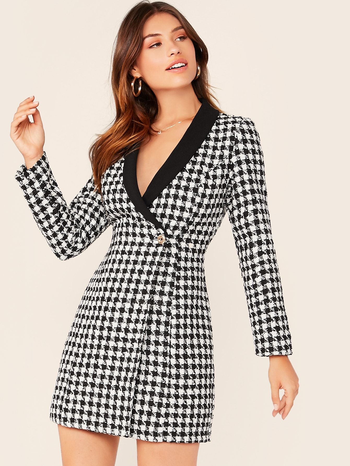 SHEIN Shawl Collar Wrap Button Front Plaid Blazer Tweed Dress | SHEIN