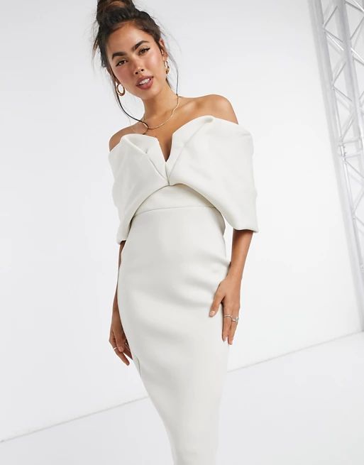 ASOS DESIGN off shoulder sweetheart bardot V wire pencil midi dress in stone | ASOS (Global)