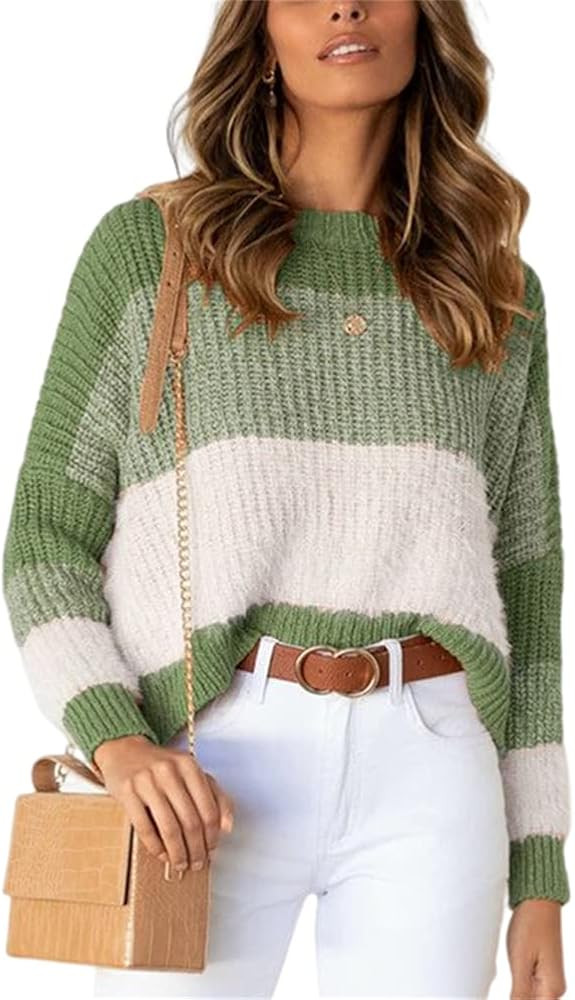 HOULENGS Women's Casual Crewneck Color Block Pullover Sweaters Long Sleeve Ribbed Knit Jumper Top... | Amazon (US)