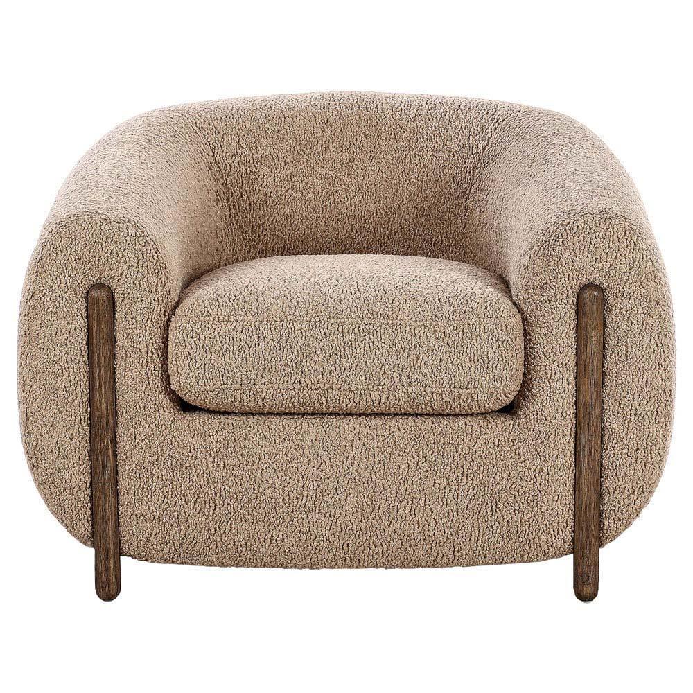 Riley Mid Century Modern Light Brown Upholstered Wood Barrel Chair | Kathy Kuo Home