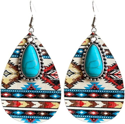 Western Cowgirl Cowboy Wooden Teardrop Dangle Earrings for Women Girls Boho Vintage Turquoise Azt... | Amazon (US)