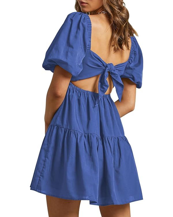 Women's Summer Dress Square Neck Short Sleeve Loose Backless Casual A-Line Party Mini Dresses | Amazon (US)