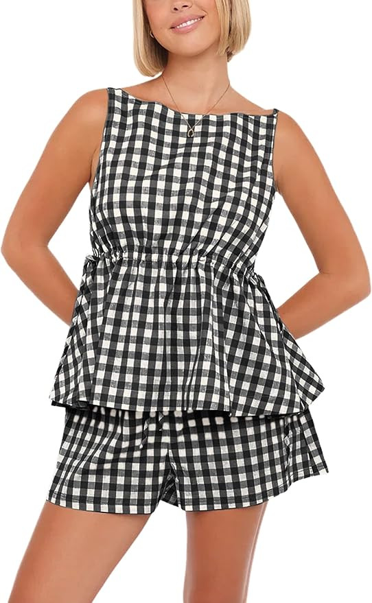 Women's 2 Piece Summer Outfits Gingham Peplum Tank Top Short Set Plaid Casual Beach Lounge Matchi... | Amazon (US)