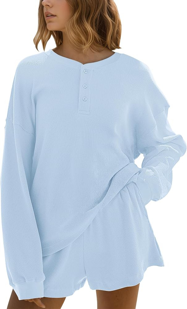 Eutten Waffle Knit Lounge Set Women Long Sleeve Oversized Sweatshirt Elastic Waist Shorts Comfy 2... | Amazon (US)