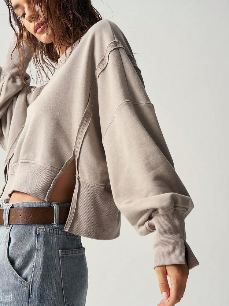 Bohemela Women's Solid Color Side Split Cropped Sweatshirt For Vacation And Casual Wear | SHEIN